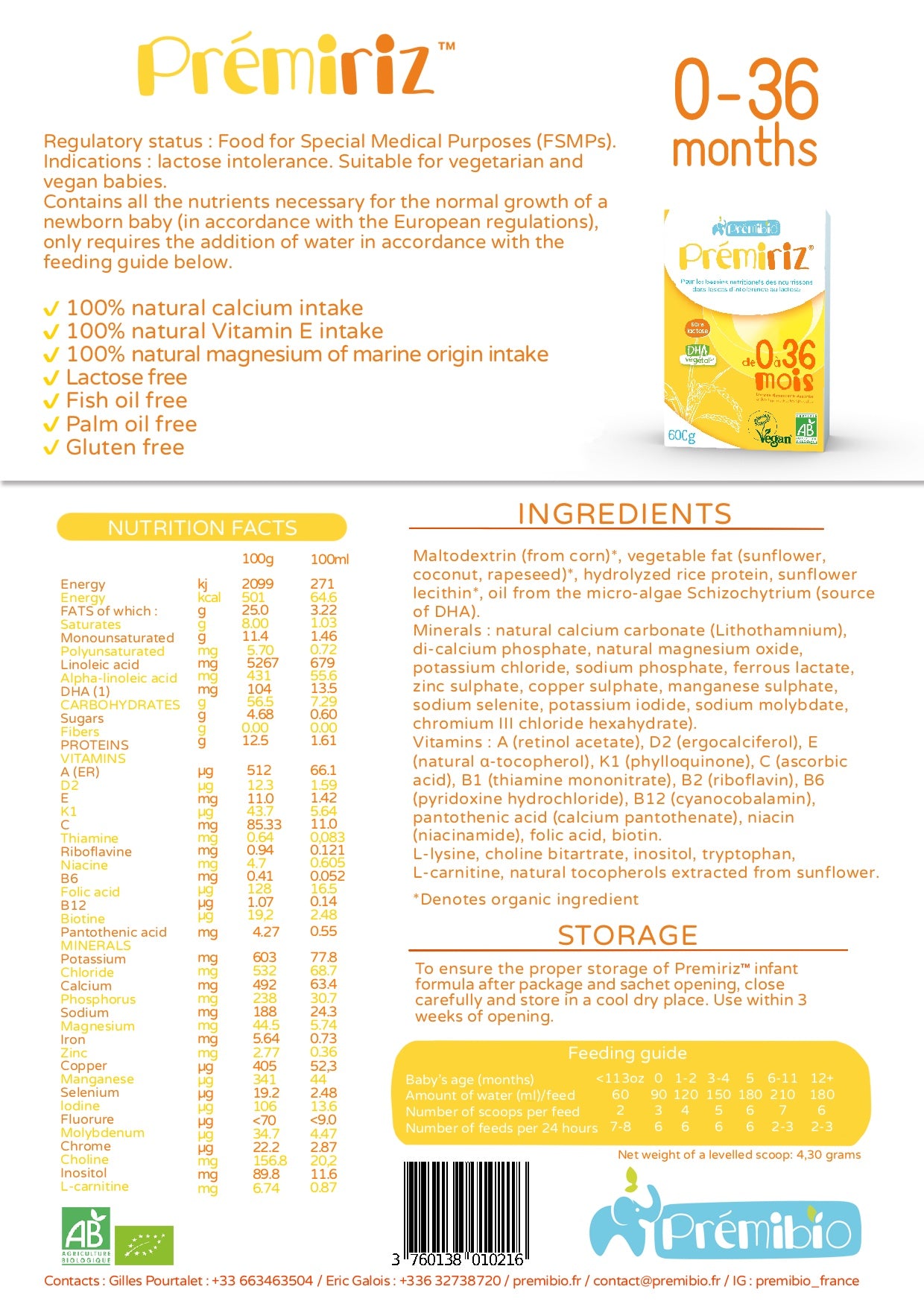 Premibio - Premiriz Vegan 0-36 mois • 600g