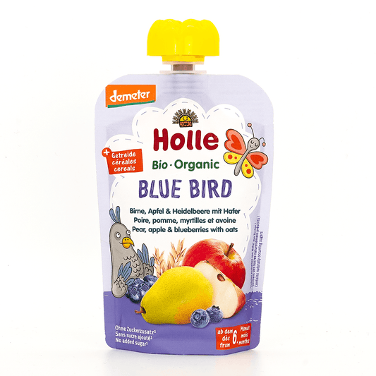 Holle Blue Bird: Pear, Apple & Blueberries with Oats (6+ Months) - 6 Pouches - Emmbaby Canada