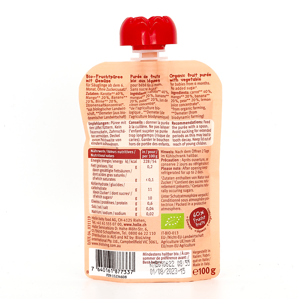 Holle Carrot Cat: Carrot, Mango, Banana & Pear (6+ Months) - 6 Pouches - Emmbaby Canada