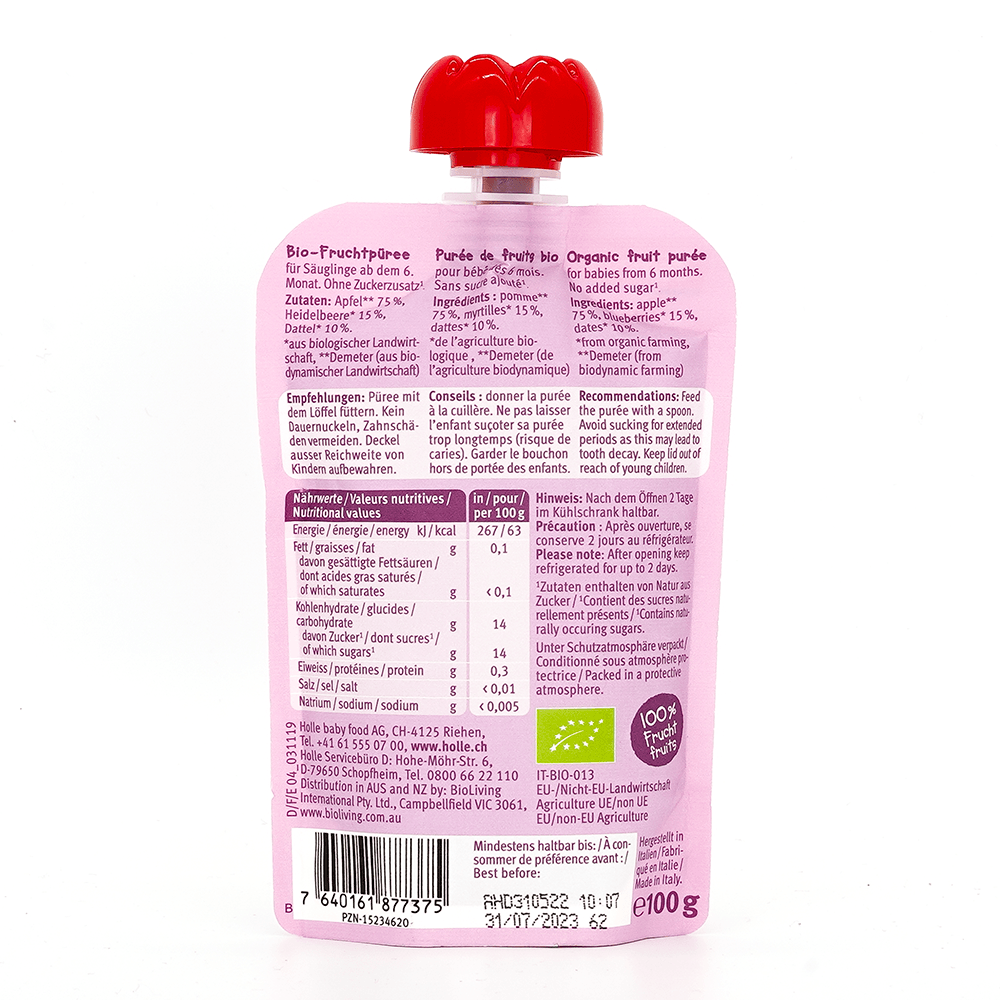 Holle Dino Date: Apple, Blueberries & Dates (6+ Months) - 6 Pouches - Emmbaby Canada