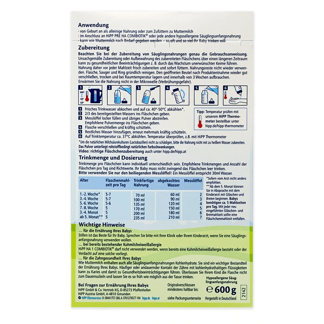 HiPP HA Germany Hypoallergenic Stage 1 Combiotik Infant Milk Formula 0-6 months • 600g - Emmbaby Canada