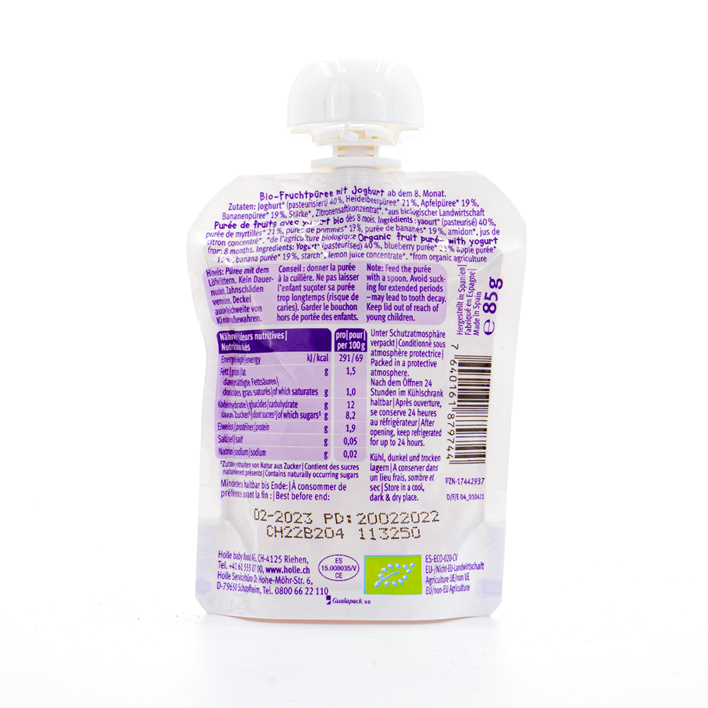 Holle Blueberry Bear: Blueberry, Apple, Banana & Yogurt (8+ Months) - 6 Pouches - Emmbaby Canada
