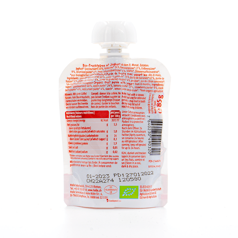 Holle Fruity Fox: Apple, Banana, Berries & Yogurt (8+ Months) - 6 Pouches - Emmbaby Canada