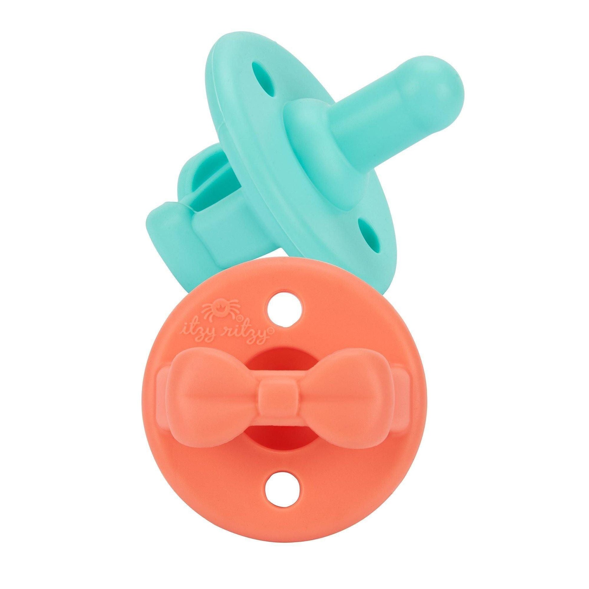Itzy Ritzy Sweetie Soother™ - Pacifier 2-Pack - Aquamarine + Peach Bows - Emmbaby Canada