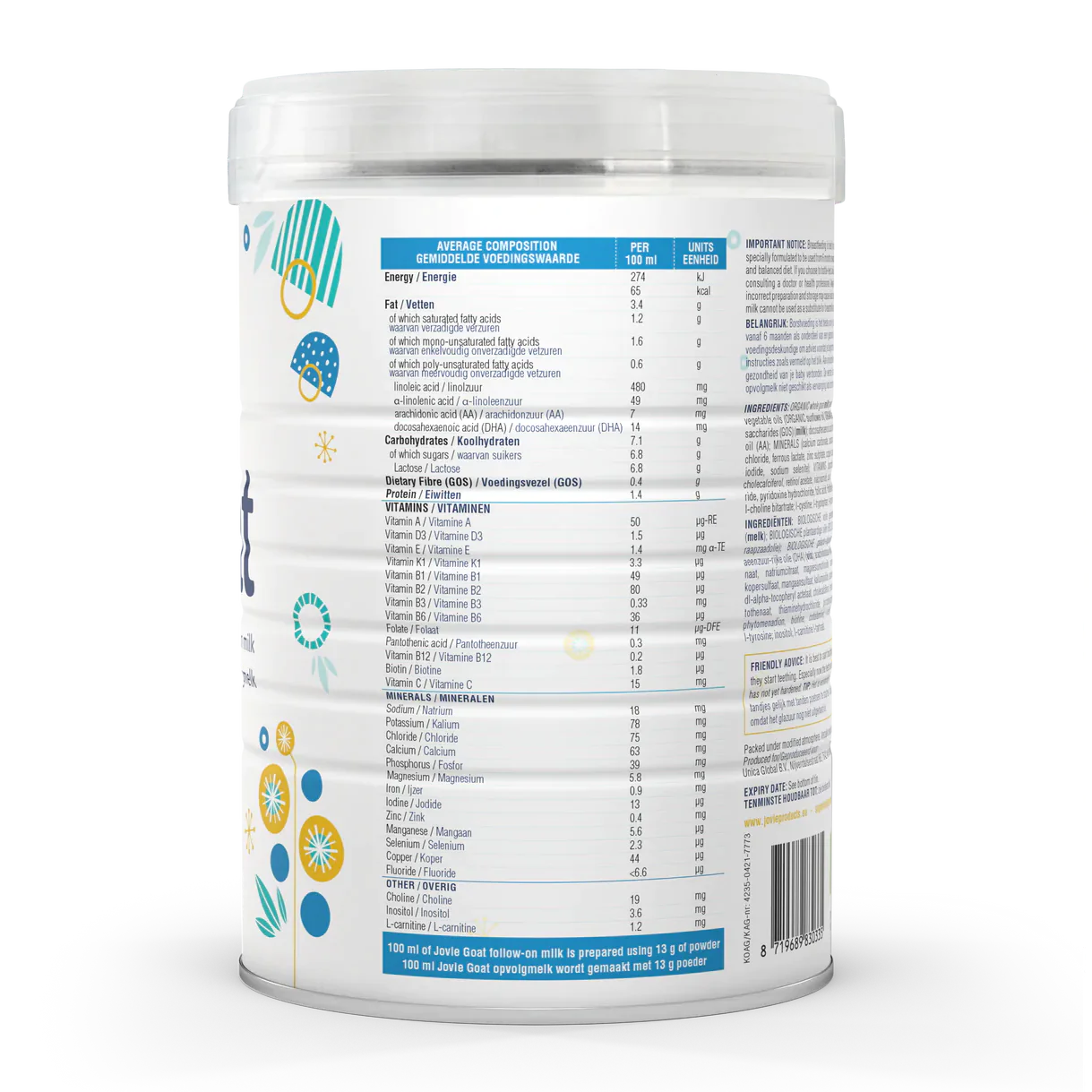 Jovie Organic Goat Follow-On Milk 800g - Stage 2 -  6 - 12 Months - Emmbaby Canada