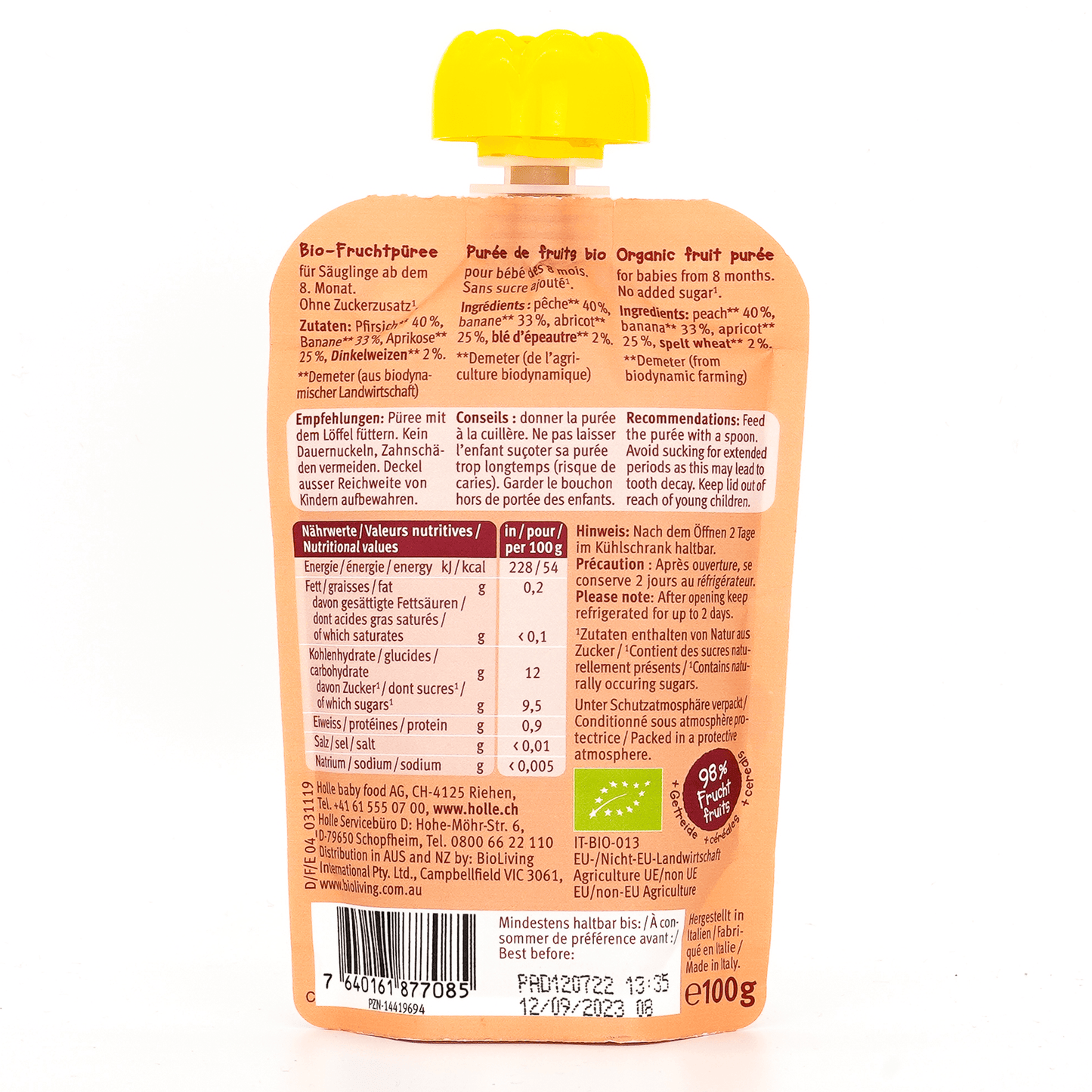 Holle Panda Peach: Peach, Apricot, Banana & Spelt (8+ Months) - 6 Pouches - Emmbaby Canada