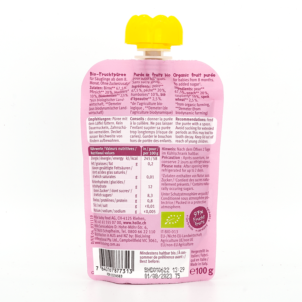 Holle Pear Pony: Pear, Peach, Raspberries & Spelt (8+ Months) - 6 Pouches - Emmbaby Canada