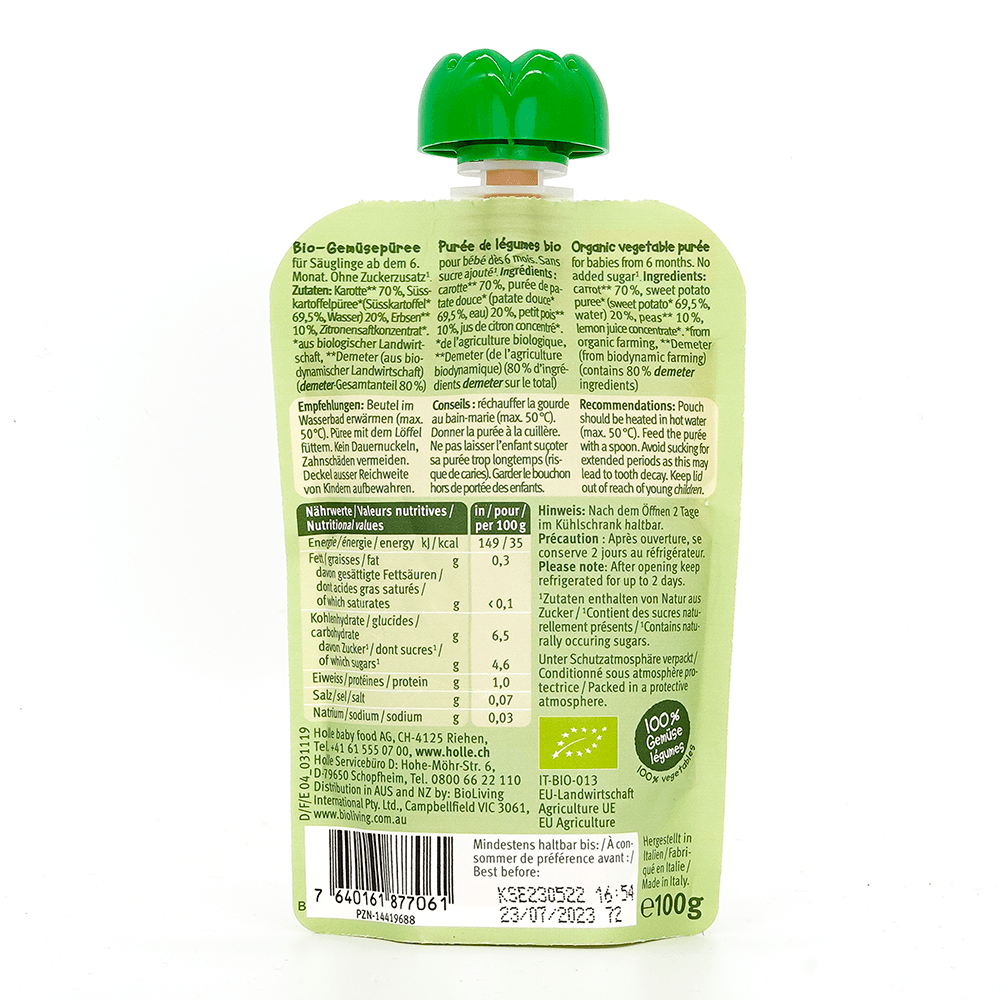 Holle Veggie Bunny: Carrot, Sweet Potato & Peas (6+ Months) - 6 Pouches - Emmbaby Canada