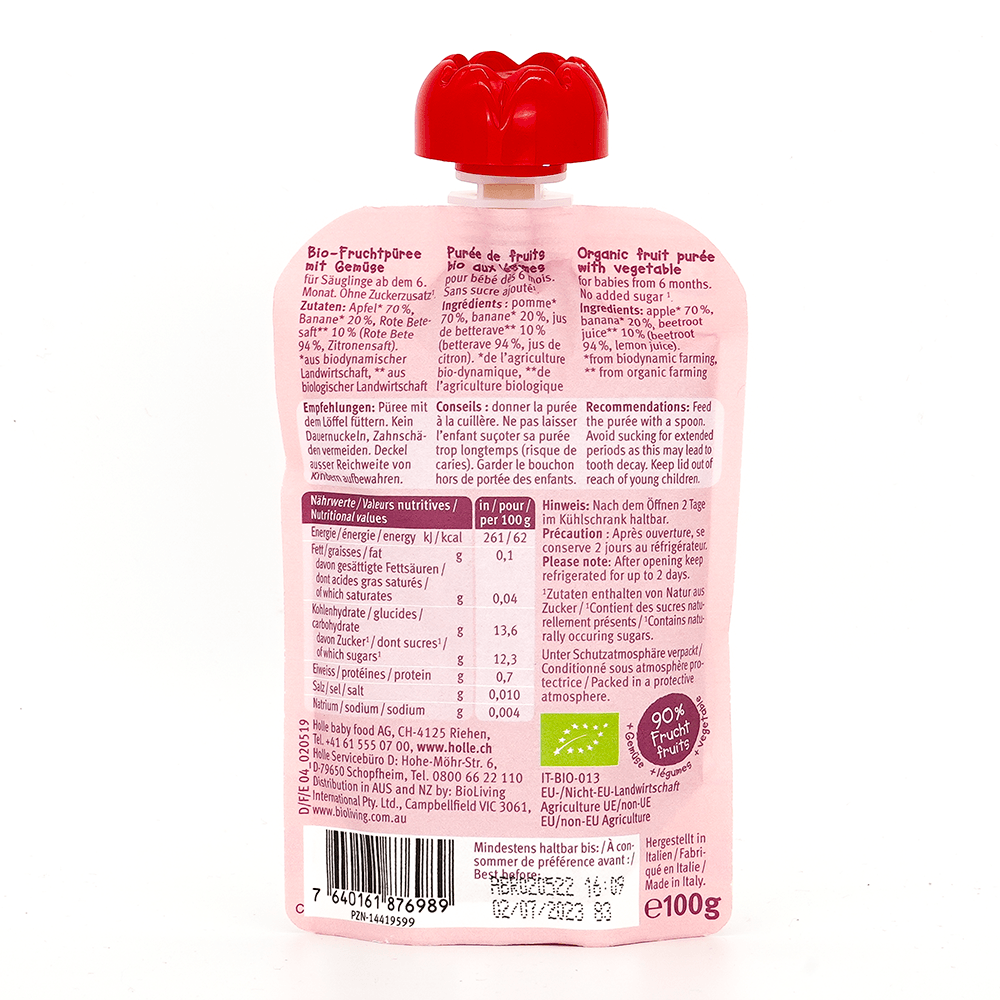 Holle Zebra Beet: Apple, Banana & Beetroot (6+ Months) - 6 Pouches - Emmbaby Canada