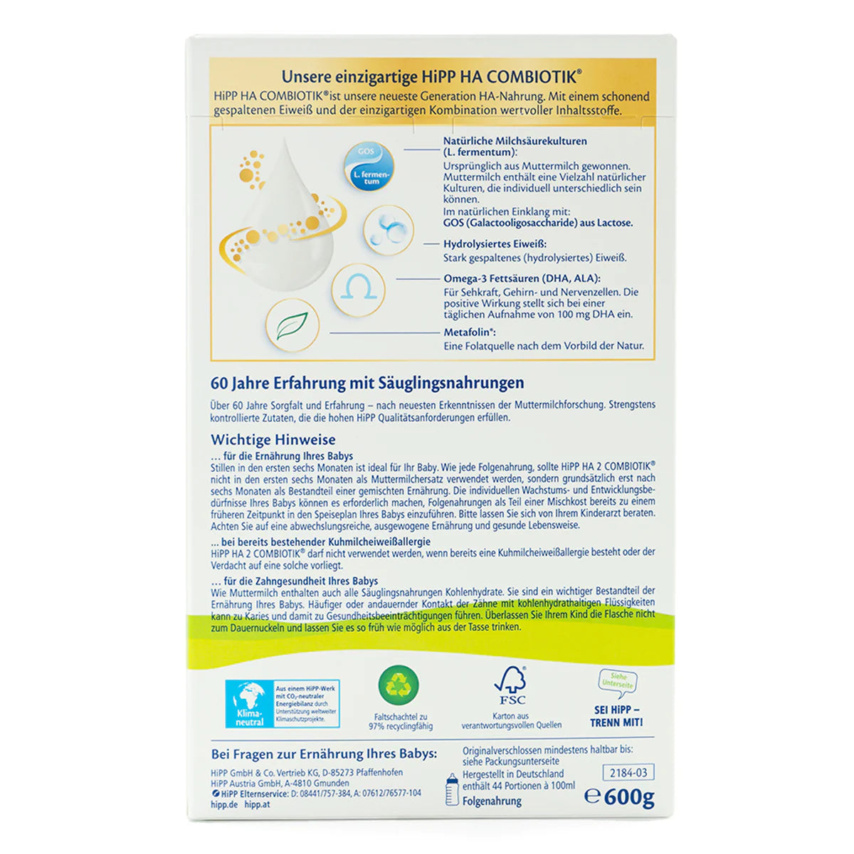 HiPP HA Allemagne Hypoallergénique Stage 2 Combiotik Lait infantile 6+ mois • 600 g 