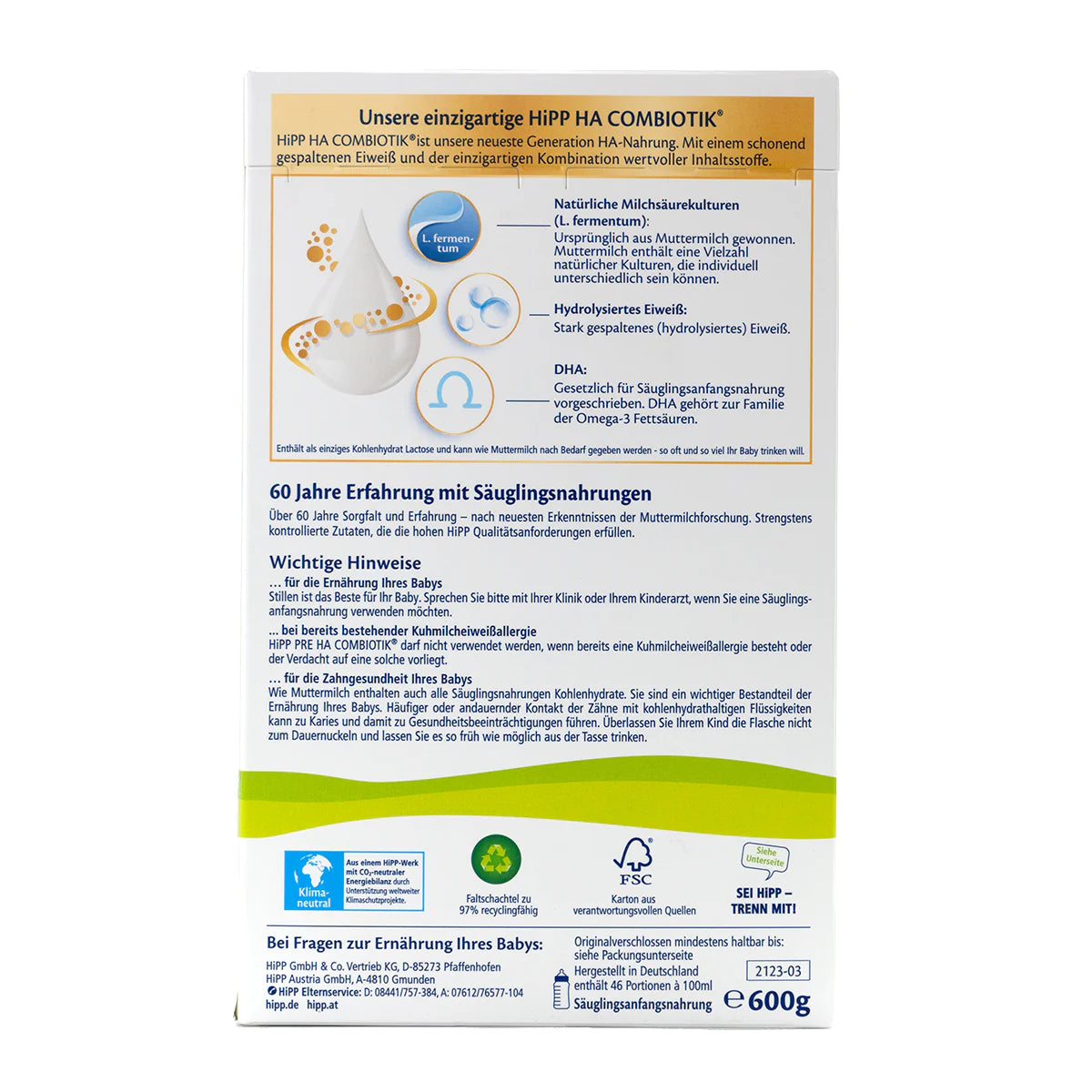 HiPP HA Allemagne Hypoallergénique Stage PRE Combiotique Lait infantile 0-6 mois • 600 g 