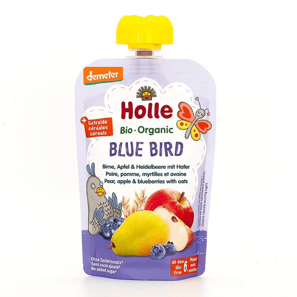 Holle Blue Bird: Pear, Apple & Blueberries with Oats (6+ Months) - 6 Pouches - Emmbaby Canada
