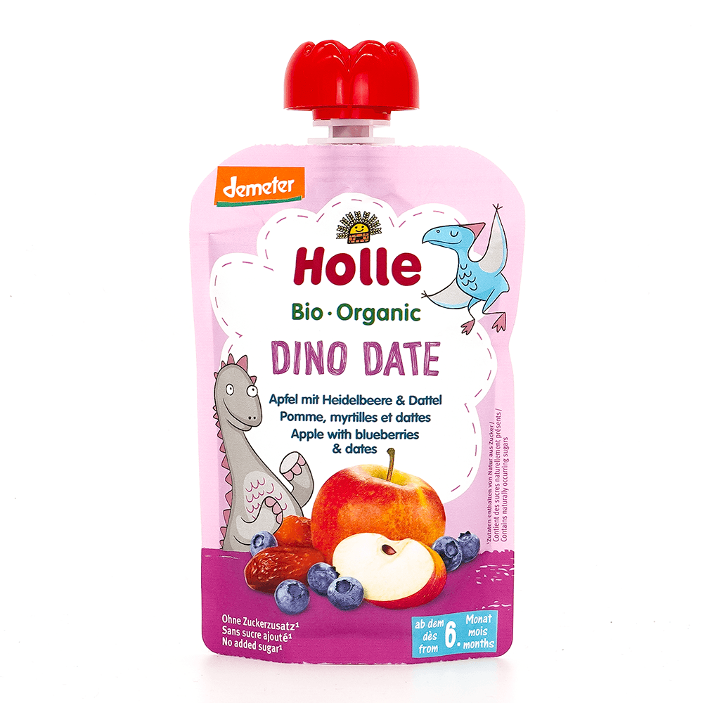 Holle Dino Date: Apple, Blueberries & Dates (6+ Months) - 6 Pouches - Emmbaby Canada