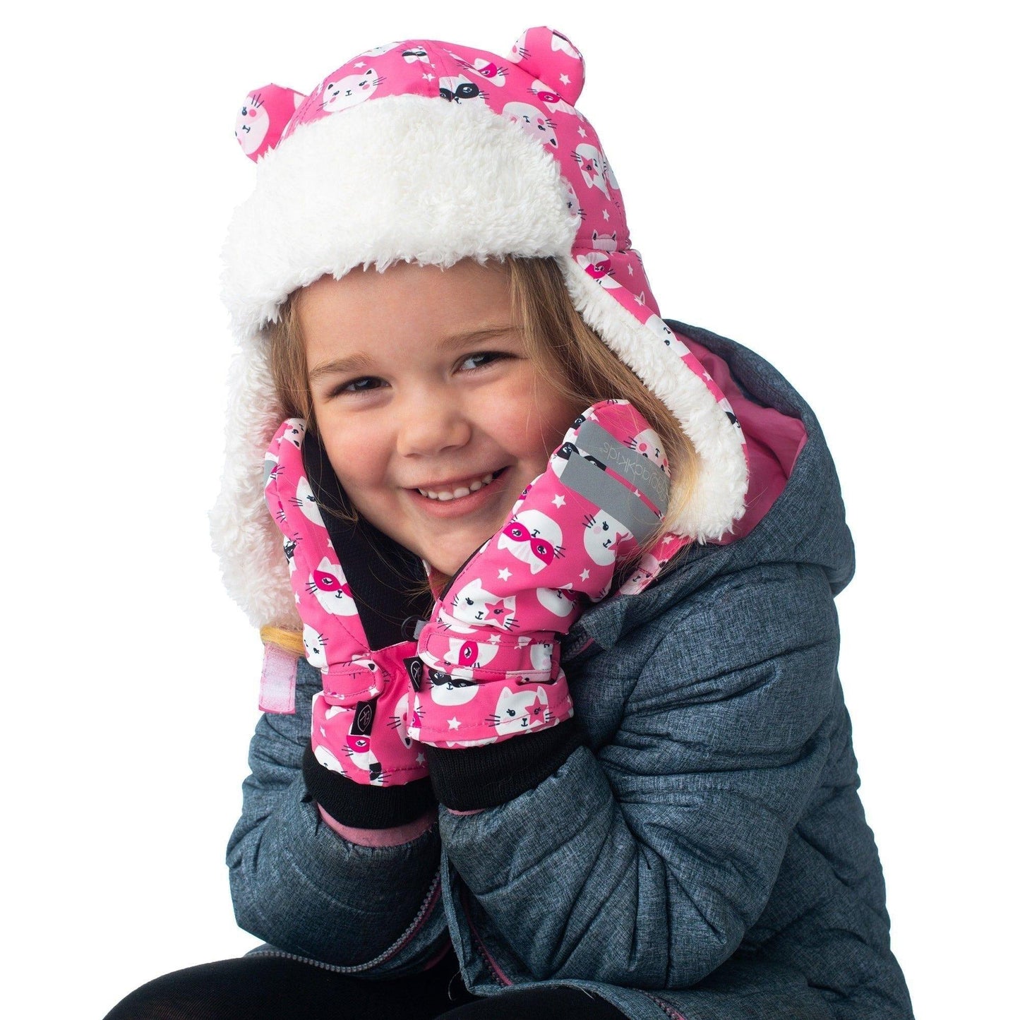 FlapJackKids - Water Repellent Ski Mittens Cat Pink - Emmbaby Canada