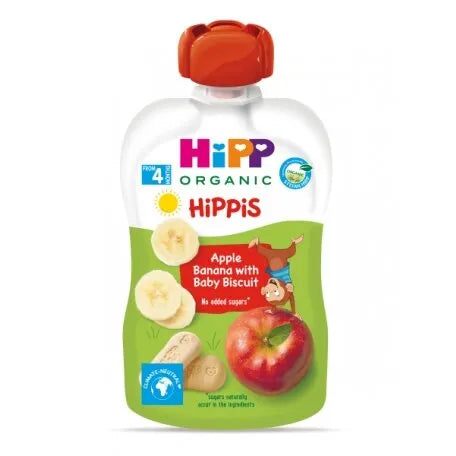 HiPP Hippis Apple Banana & Baby Biscuit Puree 100G - 6 Pouches - Emmbaby Canada