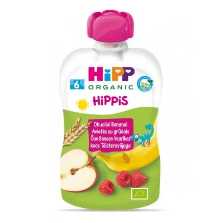 HiPP Hippis Apple Banana Raspberry With Wholemeal Cereal Puree 100G - 6 Pouches - Emmbaby Canada