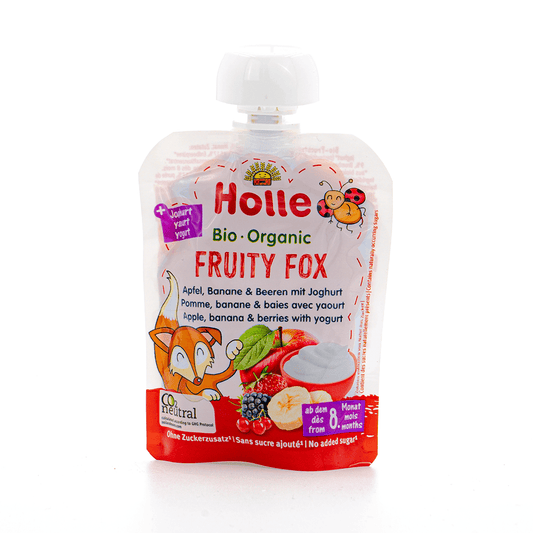 Holle Fruity Fox: Apple, Banana, Berries & Yogurt (8+ Months) - 6 Pouches - Emmbaby Canada