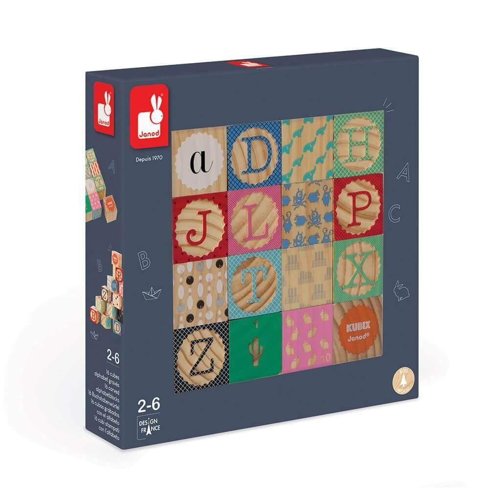 Janod - Kubix 16 Wood Alphabet Blocks - Emmbaby Canada