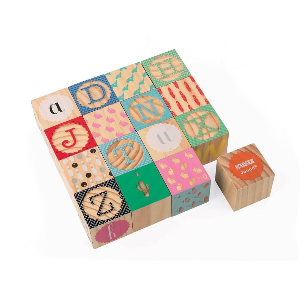 Janod - Kubix 16 Wood Alphabet Blocks - Emmbaby Canada