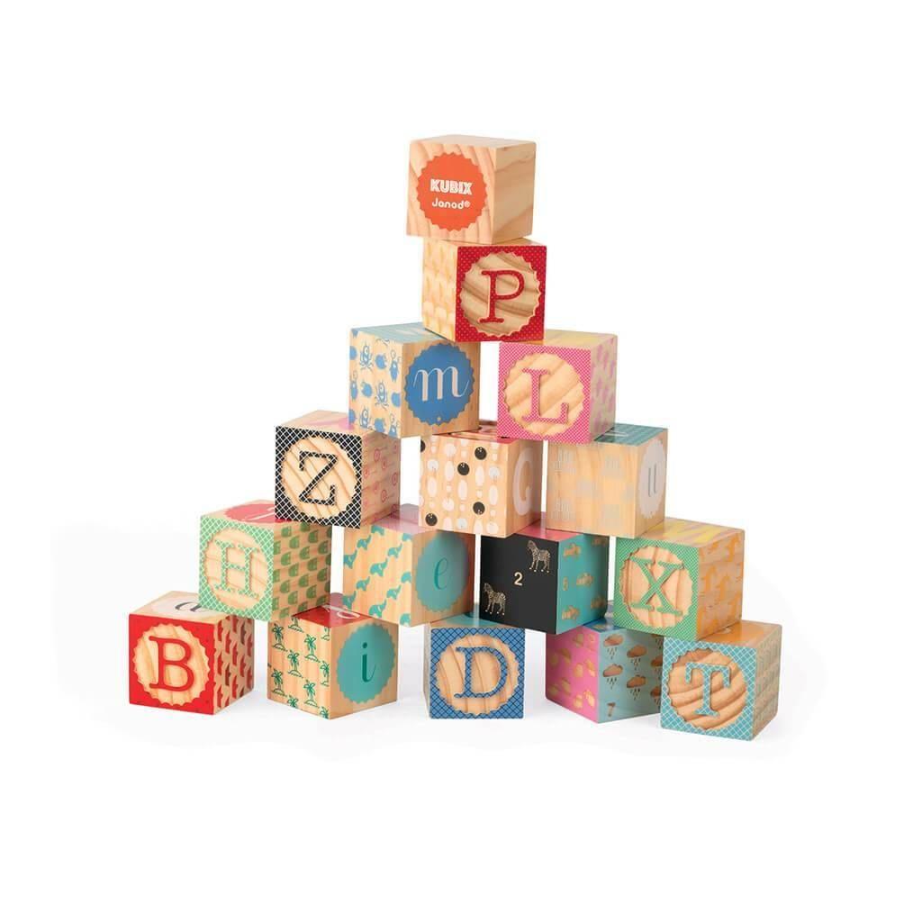 Janod - Kubix 16 Wood Alphabet Blocks - Emmbaby Canada