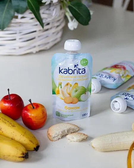 Kabrita Banana, Biscuits And Apple Puree With Sweet Goat Milk Cream 100 G - 6 Pouches - Emmbaby Canada