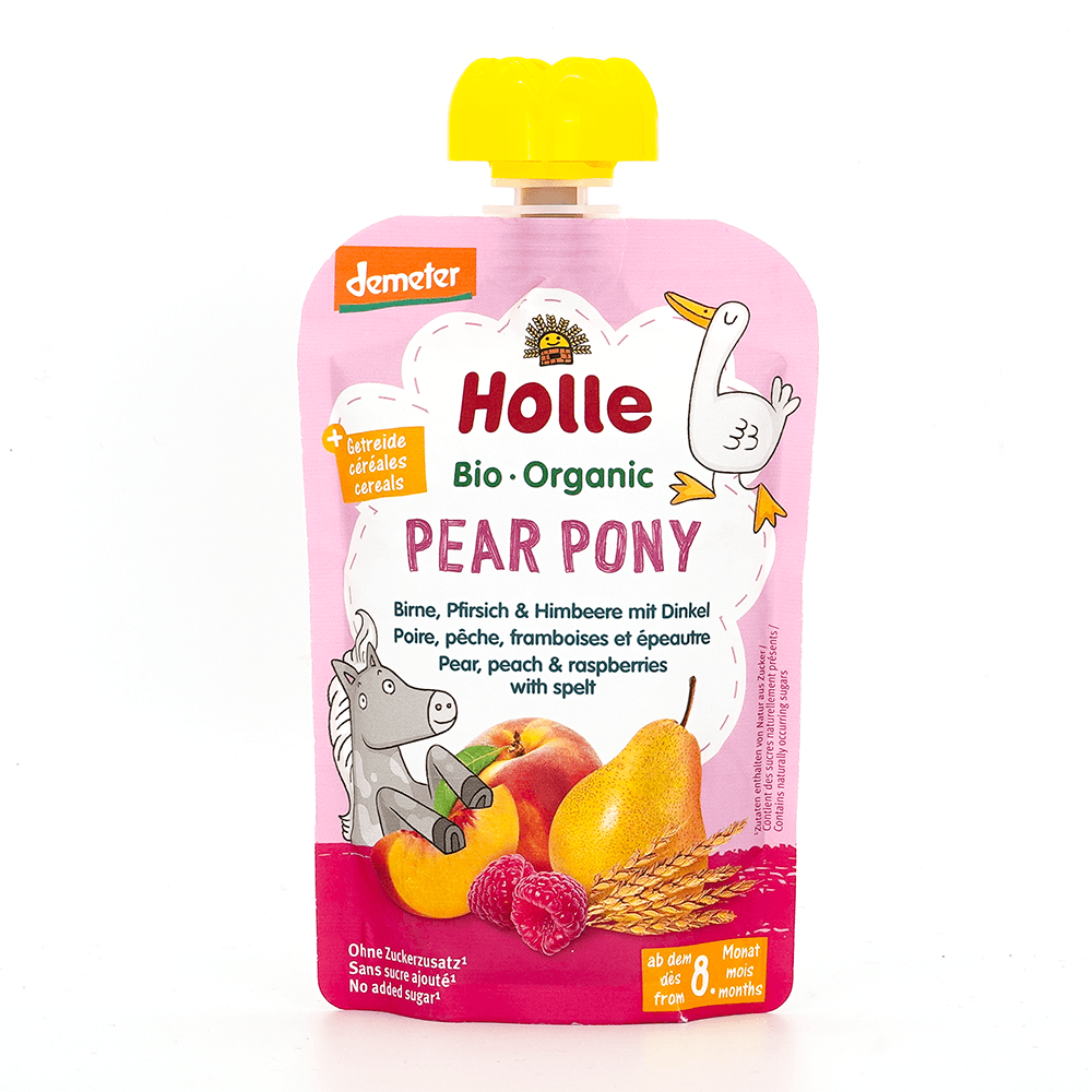 Holle Pear Pony: Pear, Peach, Raspberries & Spelt (8+ Months) - 6 Pouches - Emmbaby Canada