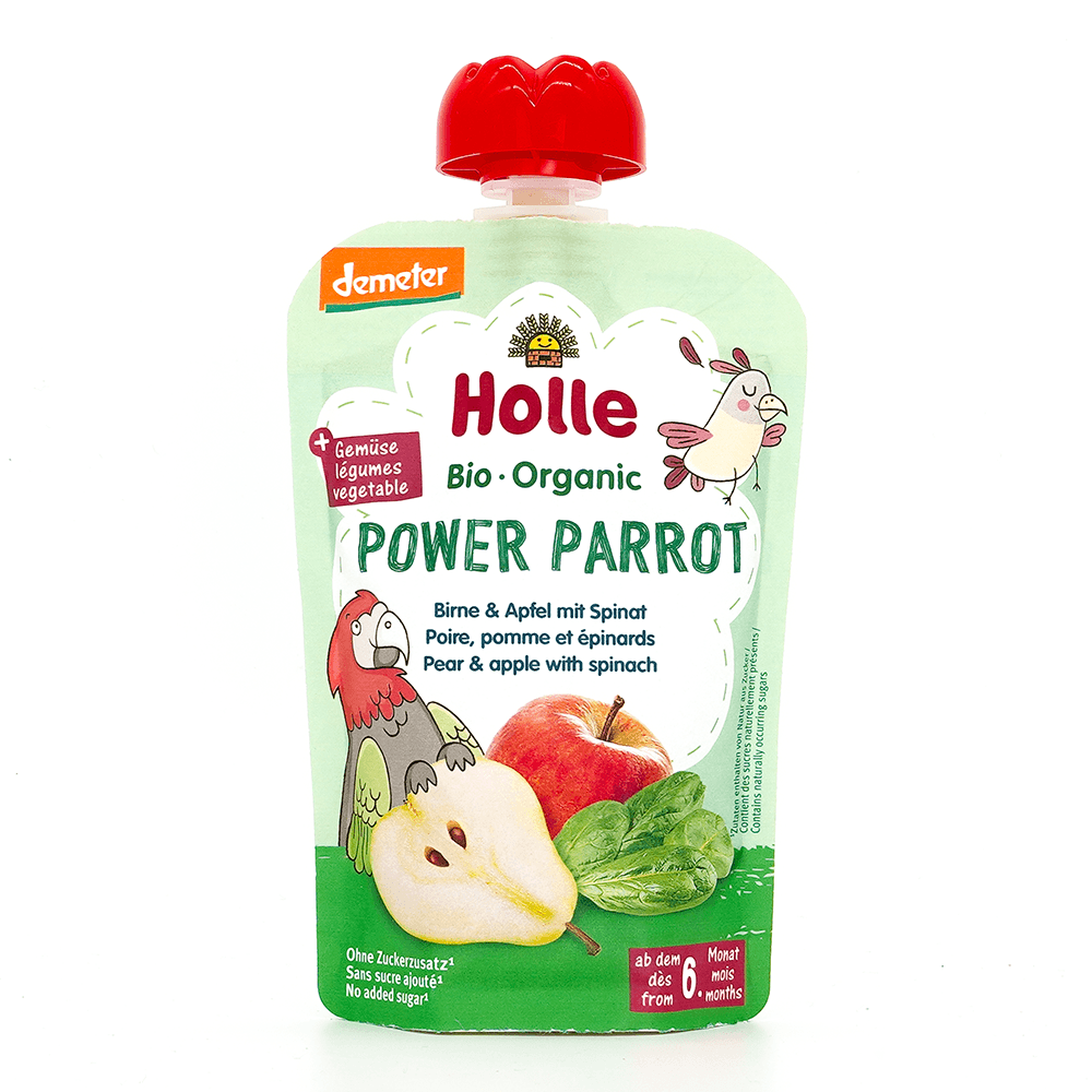 Holle Power Parrot: Pear, Apple & Spinach (6+ Months) - 6 Pouches - Emmbaby Canada