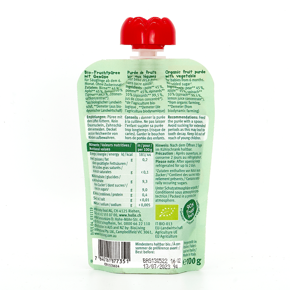 Holle Power Parrot: Pear, Apple & Spinach (6+ Months) - 6 Pouches - Emmbaby Canada
