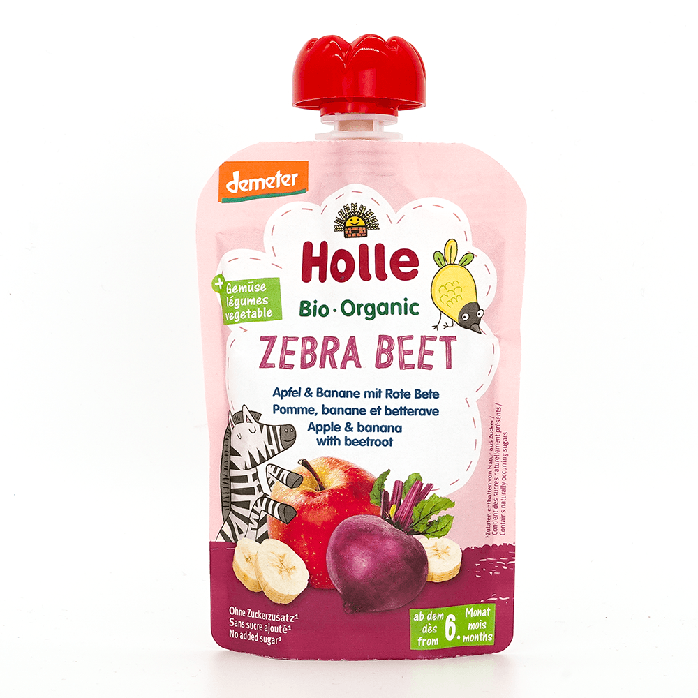 Holle Zebra Beet: Apple, Banana & Beetroot (6+ Months) - 6 Pouches - Emmbaby Canada