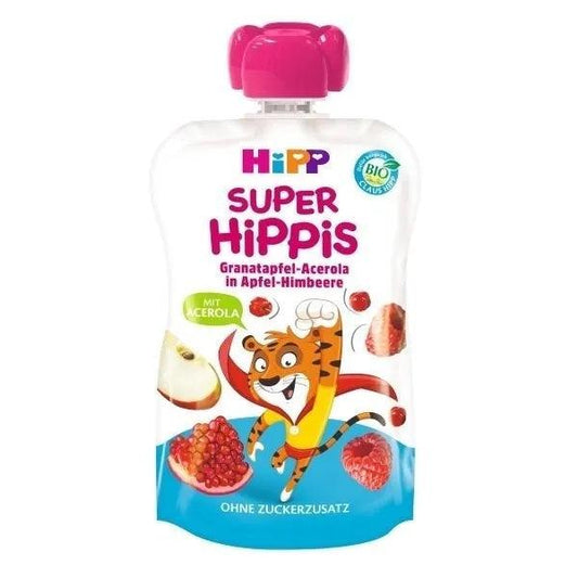 HiPP Super Hippis Apples, Raspberries, Pomegranates And Malpighia Puree 100 G - 6 Pouches - Emmbaby Canada